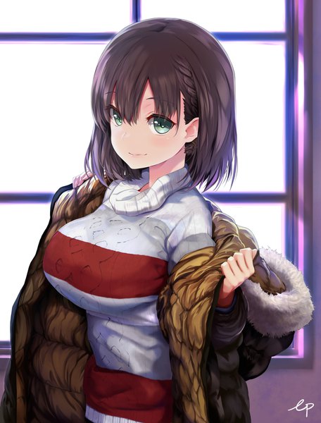 Anime picture 1400x1840 with getsuyoubi no tawawa pine jam ai-chan (tawawa) ep (emio parn) single tall image looking at viewer short hair breasts black hair brown hair large breasts green eyes light smile open jacket undressing girl jacket window sweater