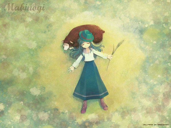 Anime picture 1280x960 with mabinogi lorna single long hair signed full body lying eyes closed green hair on back copyright name spread arms sleeping third-party edit girl skirt hat animal long skirt sheep