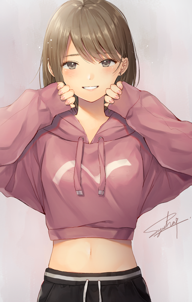 Anime picture 509x800 with original noda shuha single long hair tall image looking at viewer blush fringe breasts simple background smile hair between eyes brown hair brown eyes signed upper body long sleeves nail polish parted lips fingernails