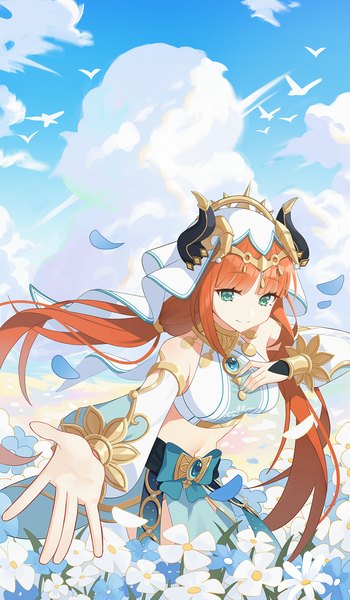 Anime picture 1167x2000 with genshin impact nilou (genshin impact) dalmo (pafe2444) single long hair tall image looking at viewer fringe smile twintails bare shoulders sky cloud (clouds) red hair blunt bangs long sleeves horn (horns) aqua eyes wind midriff