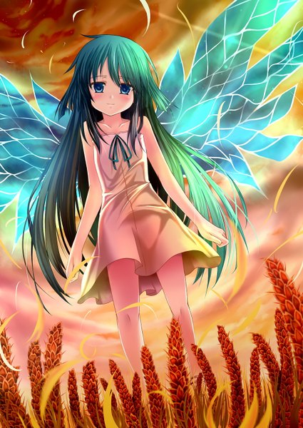 Anime-Bild 1024x1446 mit saya no uta nitroplus saya (saya no uta) yuuri nayuta long hair tall image blush blue eyes sky cloud (clouds) green hair loli girl plant (plants) wings