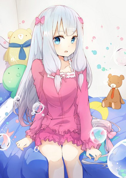 Anime picture 600x848 with eromanga sensei a-1 pictures izumi sagiri mitu yang long hair tall image looking at viewer blush fringe open mouth blue eyes sitting silver hair bent knee (knees) girl bow hair bow bed toy stuffed animal