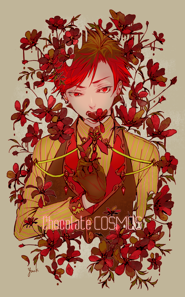 Anime picture 1200x1920 with original nemumi no sora single tall image short hair red eyes brown hair upper body red hair multicolored hair two-tone hair piercing ear piercing valentine boy flower (flowers) shirt food sweets vest