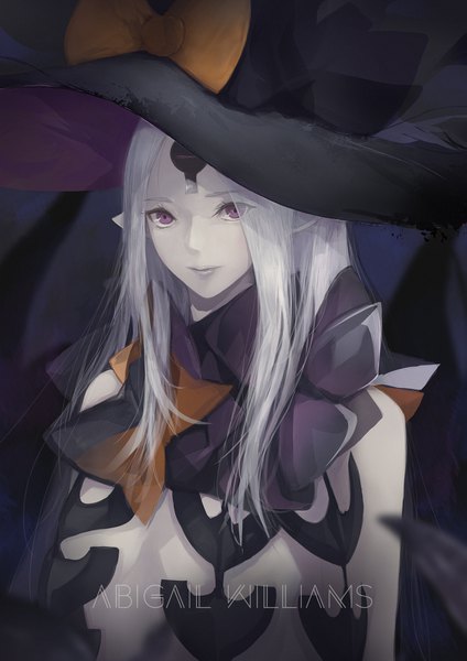 Anime picture 1231x1741 with fate (series) fate/grand order abigail williams (fate) marumoru single long hair tall image looking at viewer light erotic standing purple eyes upper body white hair pointy ears character names pale skin girl bow hat witch hat