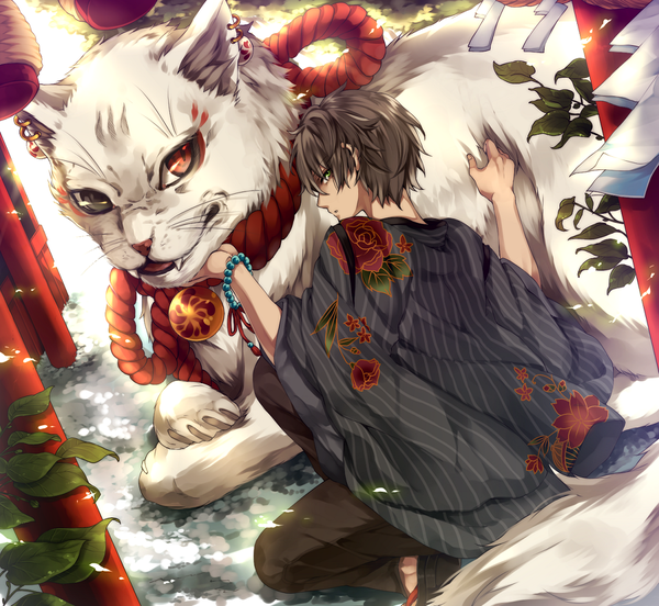Anime picture 1100x1012 with original koubou short hair brown hair green eyes traditional clothes looking back teeth fang (fangs) kneeling back striped multicolored eyes boy flower (flowers) plant (plants) earrings animal bracelet cat
