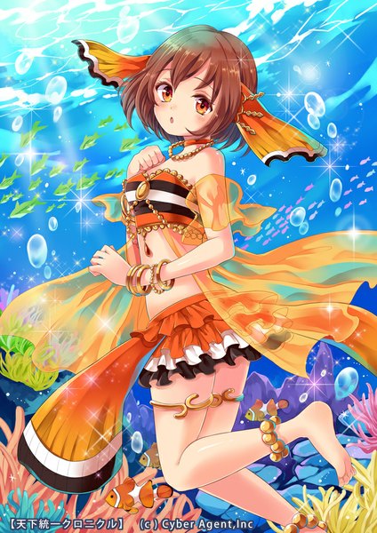 Anime picture 723x1023 with original shina shina single tall image looking at viewer blush short hair open mouth brown hair bare legs orange eyes underwater girl bracelet bubble (bubbles) fish (fishes)