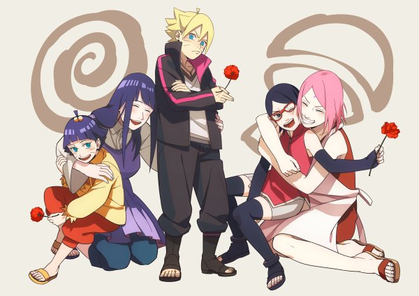 Anime picture 1200x848 with naruto studio pierrot naruto (series) hyuuga hinata haruno sakura uchiha sarada uzumaki boruto uzumaki himawari oba-min long hair looking at viewer blush fringe short hair open mouth blue eyes black hair simple background blonde hair smile