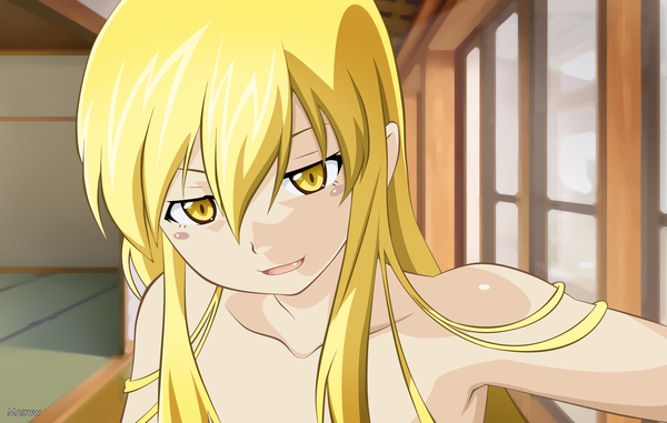 Anime picture 2400x1524 with bakemonogatari shaft (studio) monogatari (series) oshino shinobu watanabe akio morrow single long hair looking at viewer fringe highres open mouth blonde hair smile bare shoulders yellow eyes fang (fangs) blush stickers girl