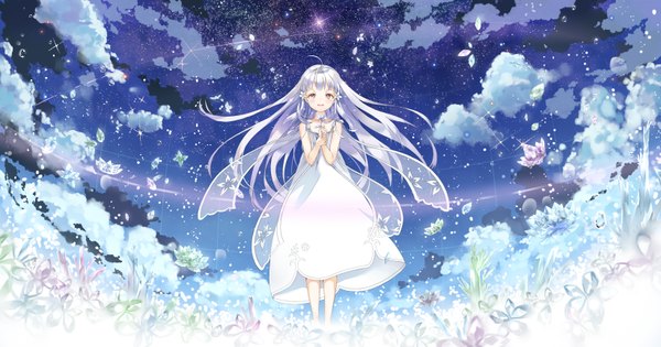 Anime picture 3285x1728 with glass no hana to kowasu sekai a-1 pictures rimo (glass no hana to kowasu sekai) hoshi ame single long hair looking at viewer fringe highres open mouth smile red eyes wide image standing bare shoulders holding silver hair cloud (clouds) full body ahoge