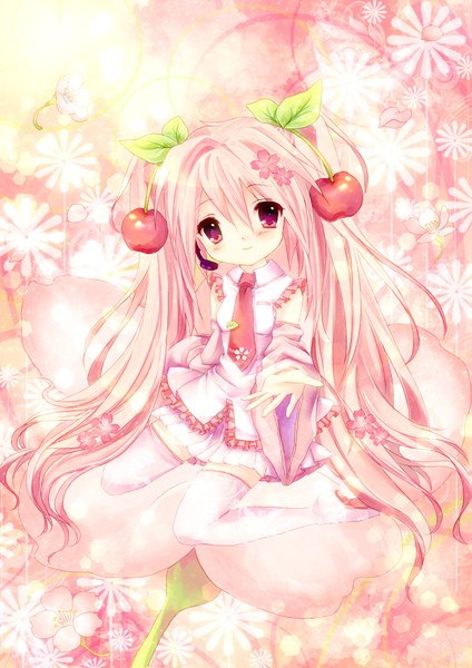 Anime picture 1447x2046 with vocaloid hatsune miku sakura miku tagme (artist) long hair tall image twintails pink hair pink eyes loli outstretched arm minigirl girl thighhighs flower (flowers) white thighhighs necktie food berry (berries) cherry