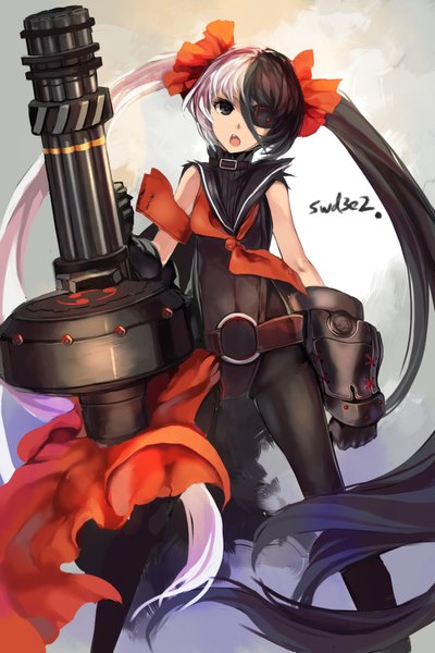 Anime picture 1417x2125 with blade & soul po hwa ran (blade & soul) swd3e2 single tall image open mouth black hair twintails white hair very long hair black eyes girl gloves bow weapon hair bow gun eyepatch gatling gun