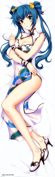 Anime picture 2344x7500 with muv-luv alternative muv-luv cui yifei single long hair tall image looking at viewer highres blue eyes light erotic twintails blue hair full body traditional clothes chinese clothes dakimakura (medium) hair bell girl shoes bell