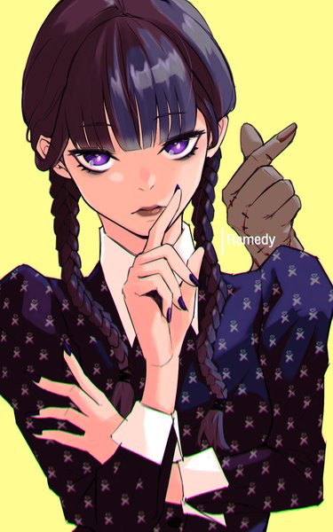 Anime picture 1000x1600 with addams family wednesday (netflix) wednesday addams thing (addams family) remedy (remedygallery) single long hair tall image looking at viewer fringe simple background purple eyes signed upper body blunt bangs braid (braids) nail polish twin braids scar expressionless