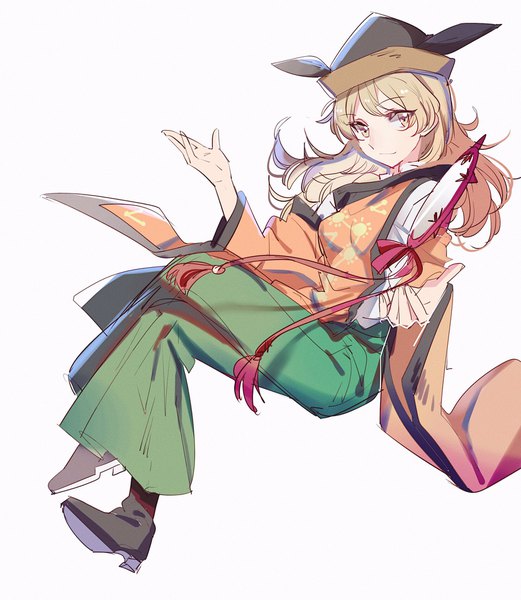Anime picture 1780x2048 with touhou matara okina aibivy single long hair tall image looking at viewer highres simple background blonde hair white background yellow eyes full body traditional clothes wide sleeves crossed legs girl hat tabard