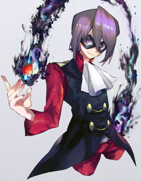Anime picture 1005x1286 with pokemon pokemon heartgold and soulsilver nintendo itsuki (pokemon) xuefei (snowdrop) single tall image looking at viewer short hair simple background smile purple eyes purple hair upper body nail polish grey background red nail polish boy mask neckerchief