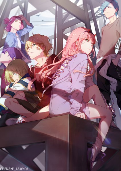 イラスト 2480x3507 と ダーリン・イン・ザ・フランキス studio trigger ゼロツー(ダリフラ) 9'α 9'β 9'δ 9'ε 9'γ 大泽chenaze 長髪 長身像 前髪 highres 短い髪 青い目 金髪 hair between eyes 立つ 座る multiple girls