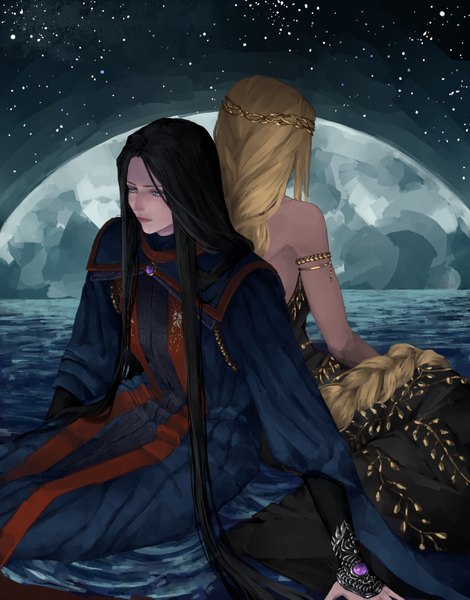 Anime picture 2048x2617 with elden ring queen marika the eternal rennala queen of the full moon zevranstits long hair tall image highres blue eyes black hair blonde hair sitting multiple girls looking away outdoors braid (braids) night arm support night sky single braid back to back