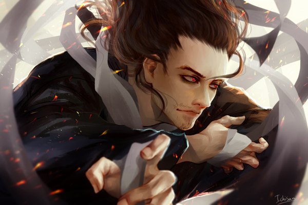Anime picture 3000x2002 with boku no hero academia studio bones aizawa shouta ichisan single long hair highres red eyes brown hair signed looking away upper body fingernails realistic crossed arms eyebrows fighting stance bristle boy bandage (bandages)