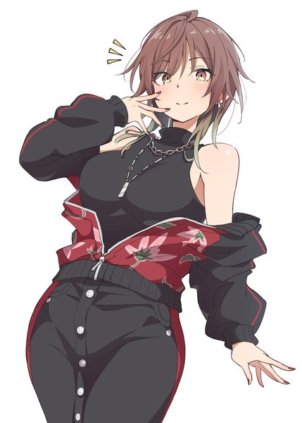 Anime picture 1066x1491 with idolmaster idolmaster shiny colors aketa mikoto eito12 single long hair tall image fringe simple background smile hair between eyes brown hair standing white background brown eyes nail polish off shoulder from below partially open clothes red nail polish