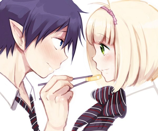 Anime picture 1087x903 with ao no exorcist a-1 pictures okumura rin moriyama shiemi blush short hair blue eyes simple background blonde hair white background green eyes blue hair profile pointy ears couple face to face girl boy uniform school uniform