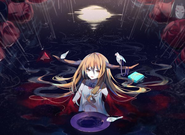 Anime picture 2500x1833 with touhou ibuki suika zhixie jiaobu fringe highres blonde hair hair between eyes multiple girls brown eyes very long hair horn (horns) from above partially submerged reflection solo focus rain girl navel animal water