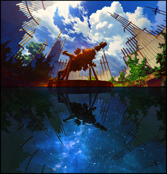 Anime picture 1112x1157 with original mocha (cotton) tall image cloud (clouds) sunlight border reflection no people ruins constellation different reflection overgrown plant (plants) tree (trees) star (stars) moss planetarium