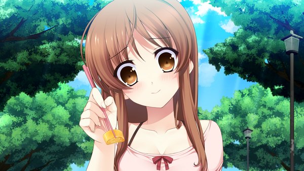 Anime picture 1280x720 with chuning lover hyoudou jun koso single long hair blush brown hair wide image brown eyes game cg girl plant (plants) tree (trees) food chopsticks omelet tamagoyaki