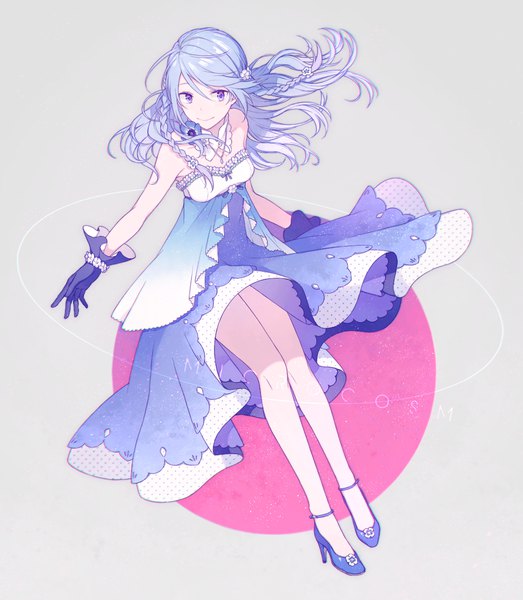 Anime picture 1022x1173 with original o-ishi single long hair tall image purple eyes blue hair looking away full body braid (braids) grey background high heels legs girl dress gloves flower (flowers) anemone (flower)