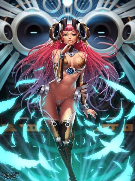 Anime picture 1050x1400 with galaxy saga dcwj single long hair tall image breasts blue eyes light erotic bare shoulders pink hair realistic inscription glowing mecha musume girl navel underwear panties feather (feathers) mecha