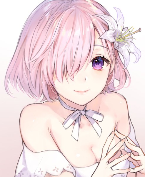 Anime picture 676x822 with fate (series) fate/grand order mash kyrielight mash kyrielight (formal dress) kaguyuzu single tall image blush fringe short hair breasts simple background smile purple eyes bare shoulders looking away pink hair cleavage upper body hair flower