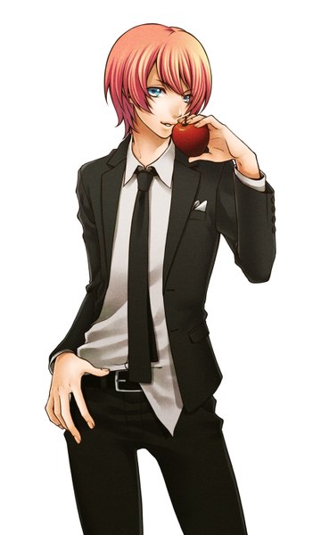 Anime picture 900x1500 with uta no prince-sama a-1 pictures tsukimiya ringo rio (rio 01) single tall image looking at viewer fringe short hair blue eyes simple background smile white background pink hair hand on hip boy necktie fruit suit apple