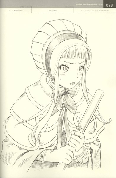 Anime picture 2939x4500 with last exile last exile: gin'yoku no fam gonzo linkage (artbook) millia il velch cutrettola turan range murata single long hair tall image highres open mouth simple background looking away upper body scan character names monochrome traditional media lineart graphite (medium)