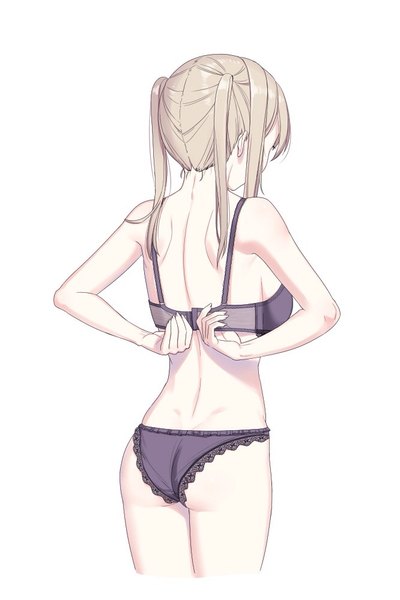 Anime picture 666x1000 with kantai collection graf zeppelin (kantai collection) cnm single long hair tall image breasts light erotic simple background blonde hair white background twintails payot ass from behind underwear only back hands behind back lace-trimmed bra lace-trimmed panties
