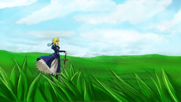 Anime picture 2560x1440 with fate (series) fate/stay night studio deen type-moon artoria pendragon (all) saber single highres short hair blonde hair wide image girl dress weapon plant (plants) sword grass