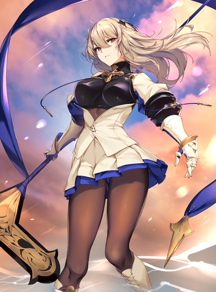 Anime picture 2756x3720 with azur lane saint-louis (azur lane) ikomochi single long hair tall image looking at viewer fringe highres breasts hair between eyes red eyes large breasts standing holding sky silver hair cloud (clouds) ahoge outdoors