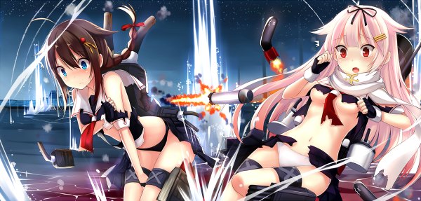 Anime picture 1200x574 with kantai collection shigure destroyer yuudachi destroyer aixioo long hair blush breasts open mouth blue eyes light erotic red eyes brown hair wide image multiple girls white hair torn clothes remodel (kantai collection) girl navel hair ornament
