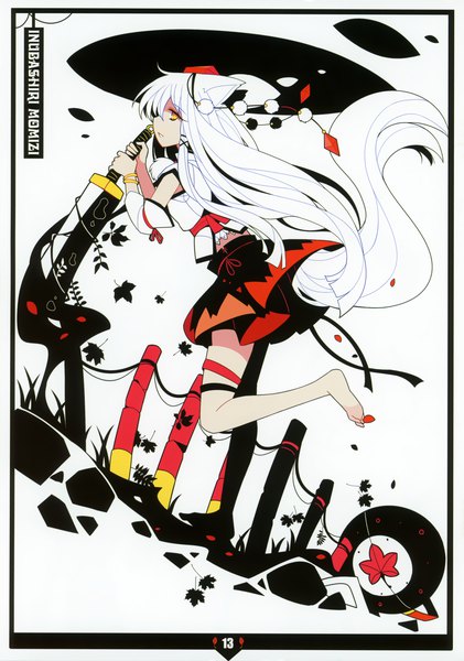 Anime picture 2834x4035 with touhou inubashiri momiji ideolo single long hair tall image looking at viewer highres standing white background animal ears yellow eyes white hair tail animal tail profile barefoot scan character names border
