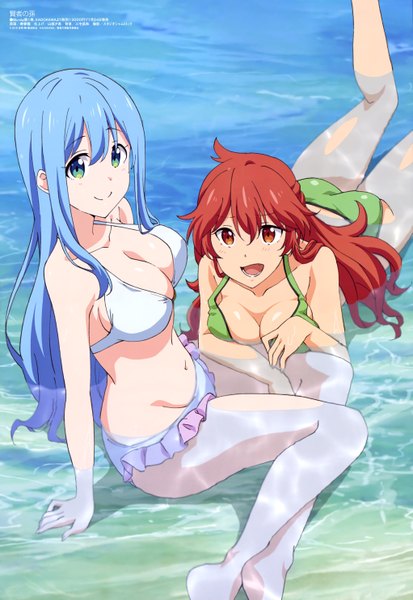 Anime picture 4085x5927 with kenja no mago megami magazine sicily von claude maria von messina kotobuki murou long hair tall image looking at viewer fringe highres breasts open mouth light erotic smile red eyes large breasts sitting multiple girls green eyes blue hair