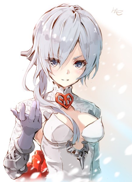 Anime picture 1520x2094 with sinoalice snow white (sinoalice) hoshizaki reita single long hair tall image looking at viewer fringe breasts cleavage silver hair upper body light smile grey eyes snowing girl gloves