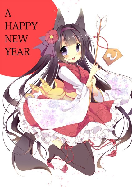 Anime picture 752x1062 with original umino mizu single long hair tall image looking at viewer blush open mouth black hair simple background white background purple eyes animal ears tail animal tail new year happy new year girl thighhighs dress