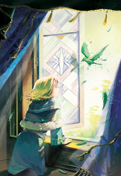 Anime picture 1410x2048 with fire emblem fire emblem: three houses nintendo dimitri alexandre blaiddyd un hisa tall image short hair blue eyes blonde hair standing looking away profile wind sunlight leaning leaning forward alternate age younger boy animal