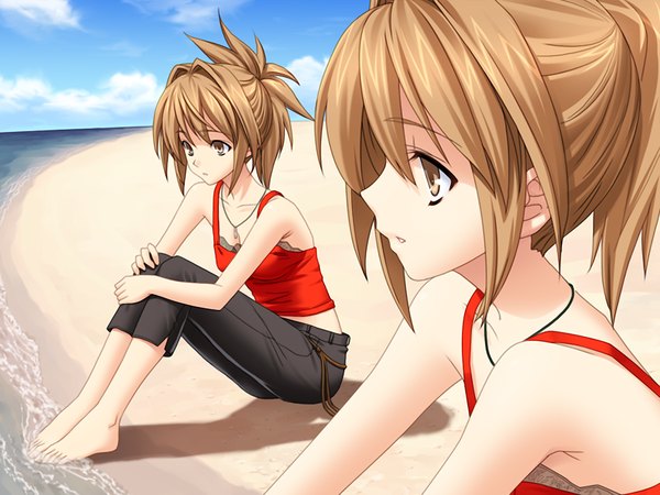 Anime picture 1200x900 with kakuu shoujo yuki sunou brown hair brown eyes game cg beach girl