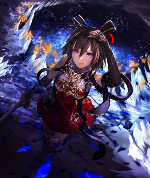 Anime picture 718x849 with original jname single tall image looking at viewer short hair brown hair purple eyes hand on head girl dress gloves weapon sword black gloves elbow gloves headdress ice