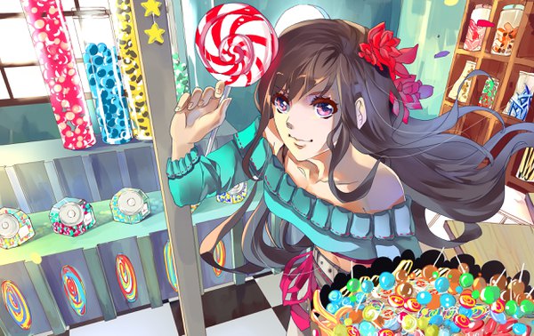 Anime picture 2480x1566 with original aiki-ame single long hair looking at viewer fringe highres smile brown hair standing purple eyes hair flower from above leaning leaning forward girl hair ornament flower (flowers) bow food