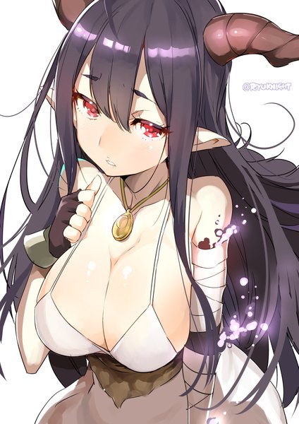 Anime picture 1403x1984 with granblue fantasy danua ryu naitou single long hair tall image looking at viewer fringe breasts light erotic black hair simple background hair between eyes red eyes large breasts white background signed purple hair horn (horns) pointy ears