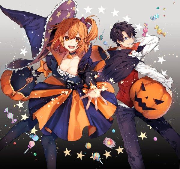 Anime picture 1242x1169 with fate (series) fate/grand order fujimaru ritsuka (female) fujimaru ritsuka (male) hanagata looking at viewer short hair breasts blue eyes black hair cleavage orange hair orange eyes one side up gradient background halloween outstretched hand hat removed headwear removed star print