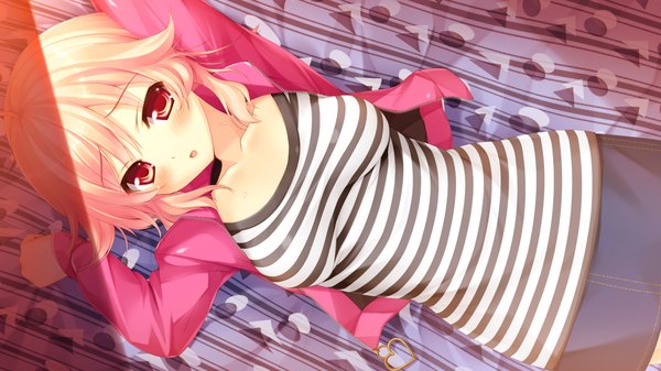 Anime picture 1280x720 with hoshi no ne sanctuary chris crawford naruse hirofumi single looking at viewer blush short hair breasts open mouth red eyes wide image large breasts pink hair game cg on back light girl skirt bed
