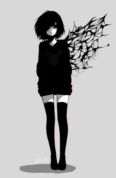 Anime picture 2625x4000 with tokyo ghoul studio pierrot kirishima touka 23i2ko tall image fringe highres short hair black hair simple background standing hair over one eye grey background shadow monochrome hands in pockets girl thighhighs black thighhighs kagune