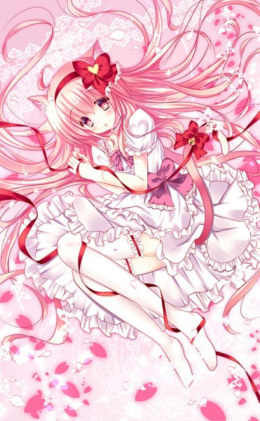 Anime picture 700x1130 with original rikatan long hair tall image blush animal ears pink hair tail animal tail pink eyes cat ears cat girl cat tail girl thighhighs dress bow petals white thighhighs frills