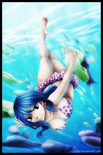 Anime picture 669x1000 with fairy tail juvia lockser law67 single long hair tall image smile blue hair black eyes sunlight coloring spread arms underwater polka dot girl swimsuit animal bikini fish (fishes) bikini skirt